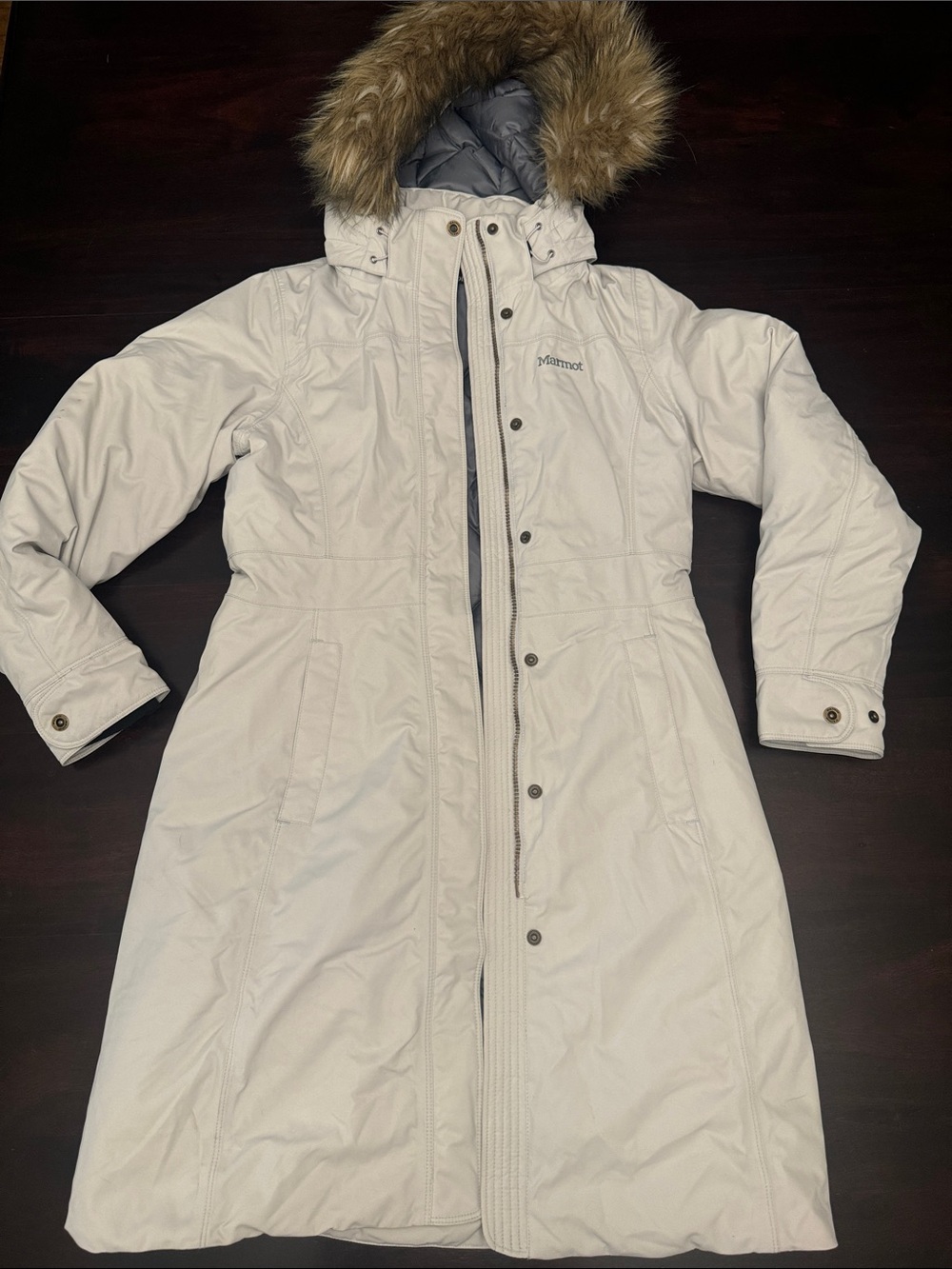Marmot Women's Ivory Down Insulated Long Coat with Faux Fur Hood